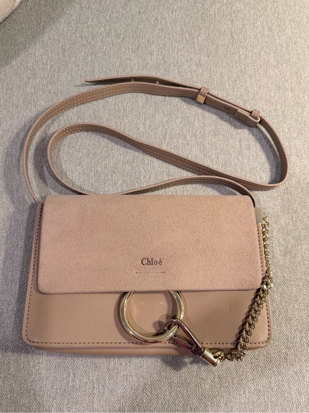 Chloé blush pink leather & suede crossbody with gold ring detail